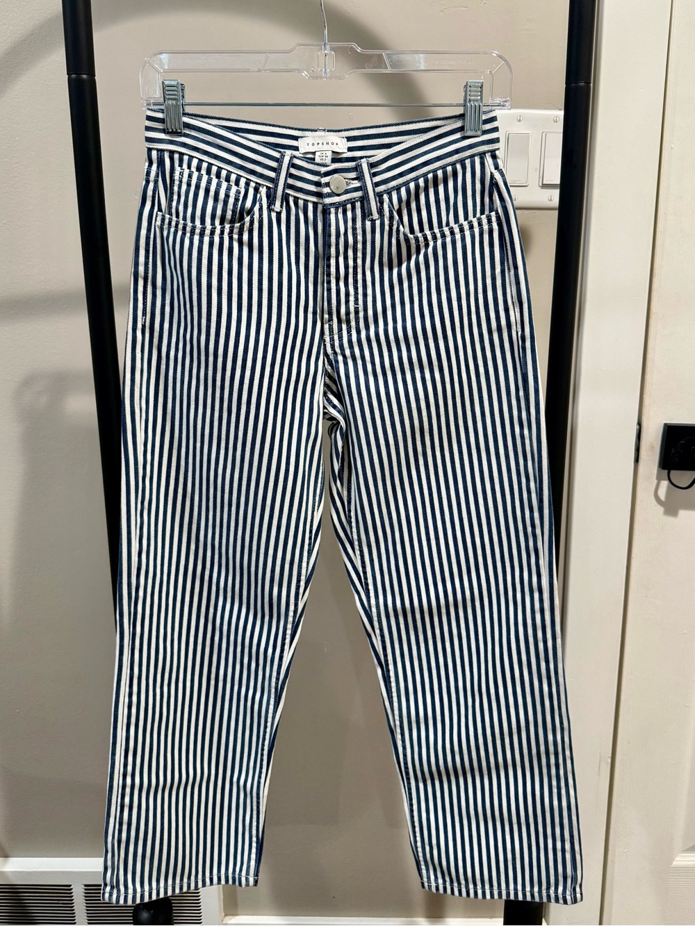 Topshop Navy & White Striped Ankle-Length Jeans